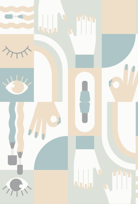 Abstract wellness artwork featuring hands, eyes, and flowing shapes